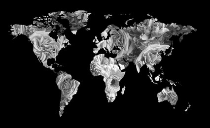 Image of World map made of beautiful flowers on black background, black and white effect. Banner design