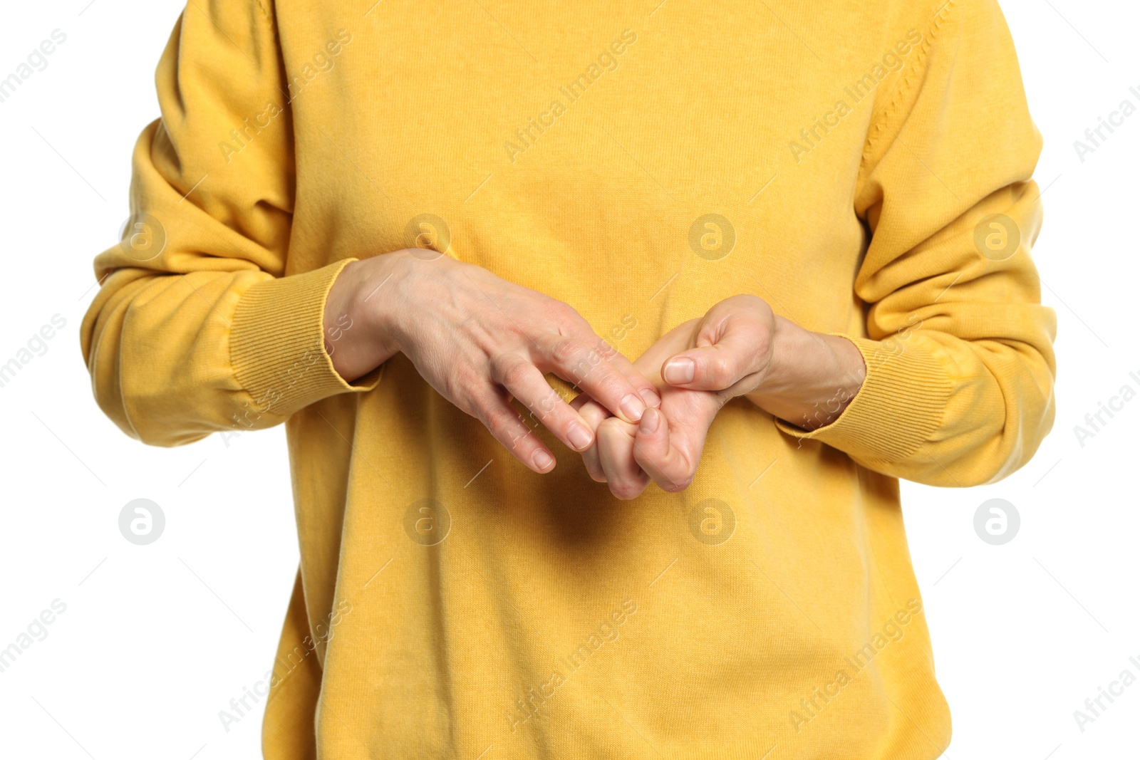 Photo of Woman cracking her knuckles on white background, closeup. Bad habit