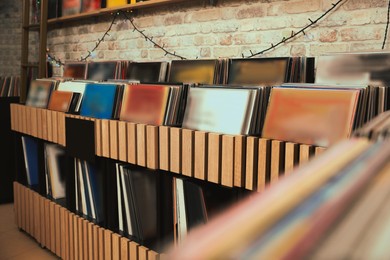 Rack with different vinyl records in store