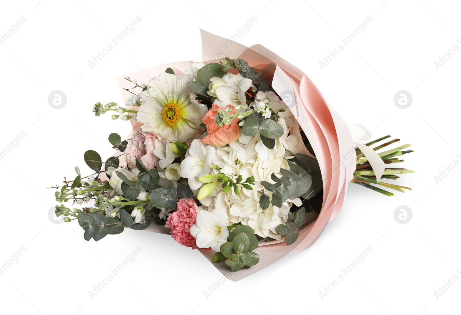Photo of Bouquet of beautiful flowers on white background