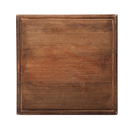 Wooden board on white background, top view. Kitchen accessory