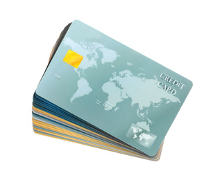 Stack of plastic credit cards on white background