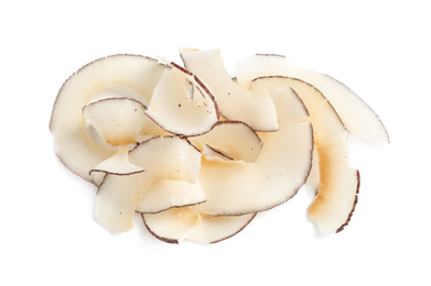 Photo of Pile of coconut chips isolated on white