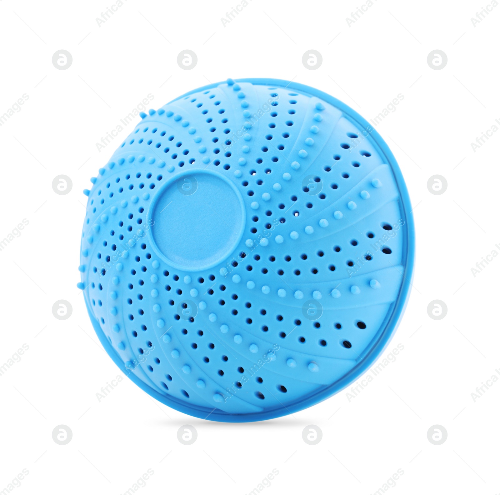 Photo of Light blue dryer ball for washing machine isolated on white. Laundry detergent substitute