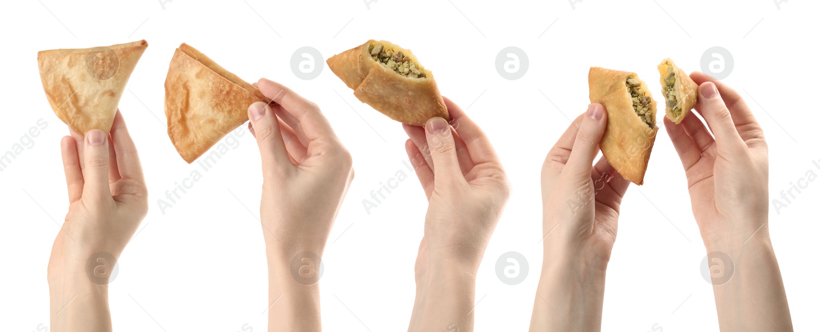 Image of Women holding fresh delicious crispy samosas on white background, closeup. Collage