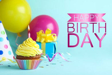 Image of Happy Birthday! Delicious cupcake with burning candle on light blue background