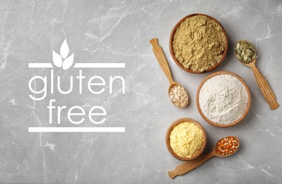 Gluten free products. Different types of flour and text on grey table, top view