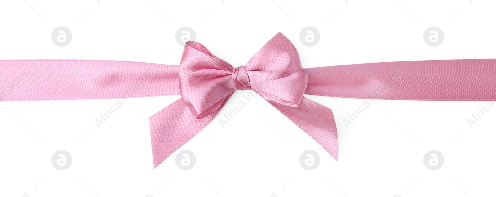 Photo of Pink satin ribbon with bow on white background, top view