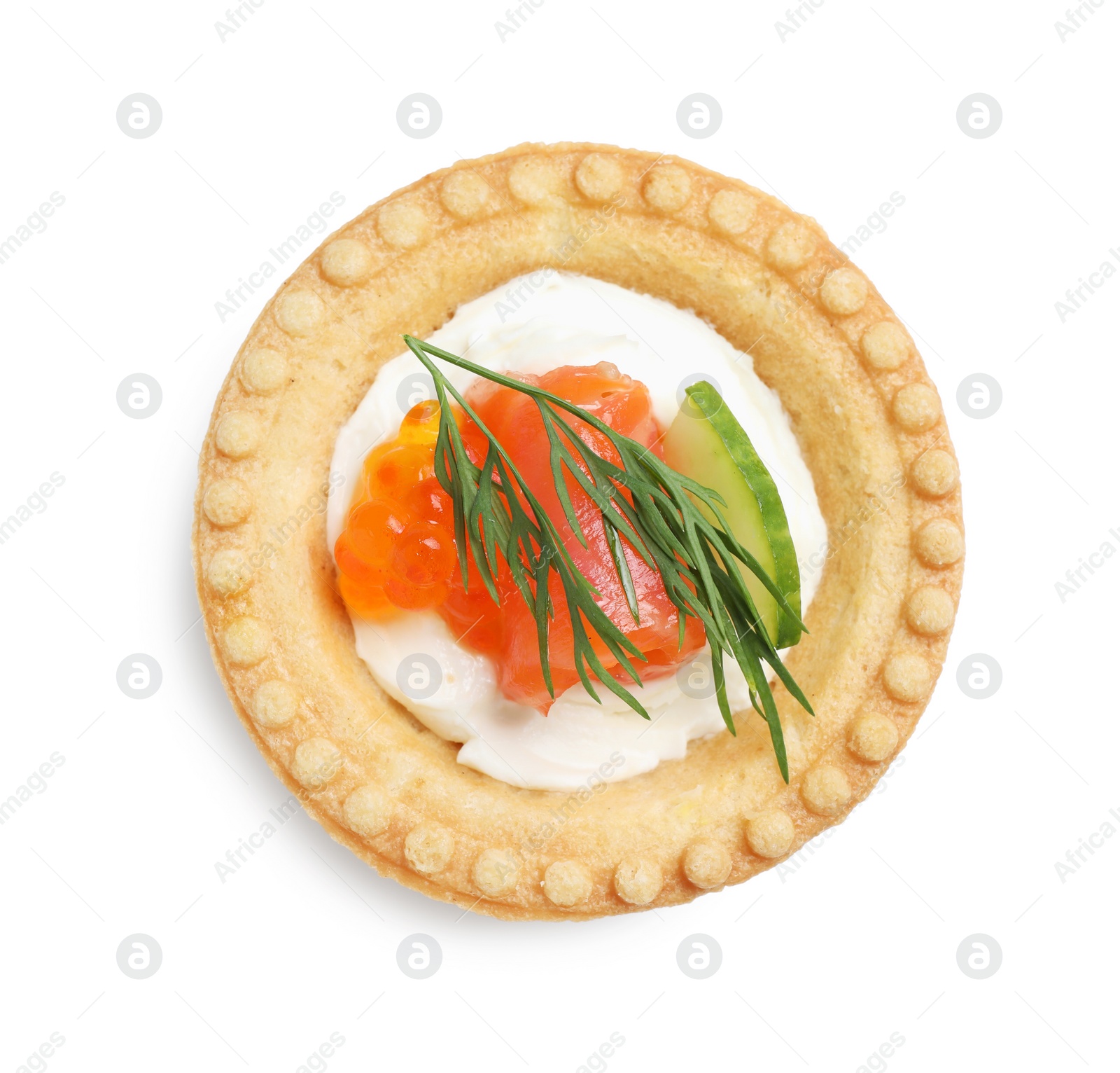 Photo of Delicious canape with salmon and red caviar isolated on white, top view