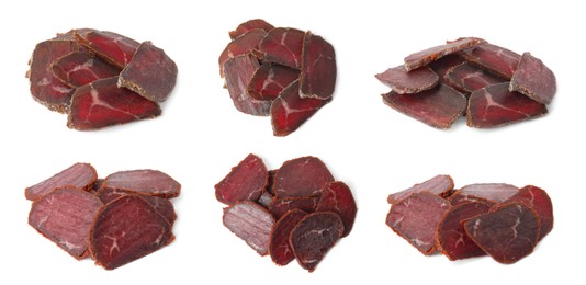 Image of Set with delicious dry-cured basturma on white background. Banner design