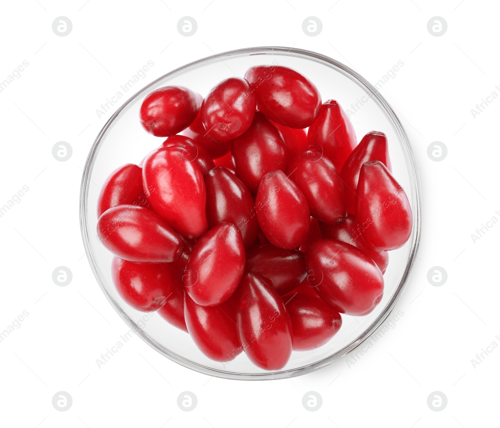 Photo of Fresh ripe dogwood berries in glass bowl on white background, top view