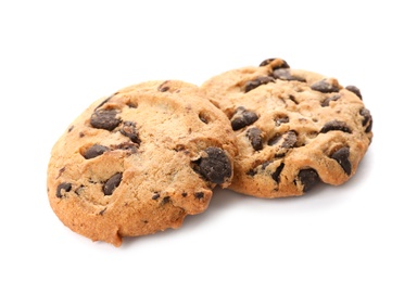 Tasty chocolate cookies on white background