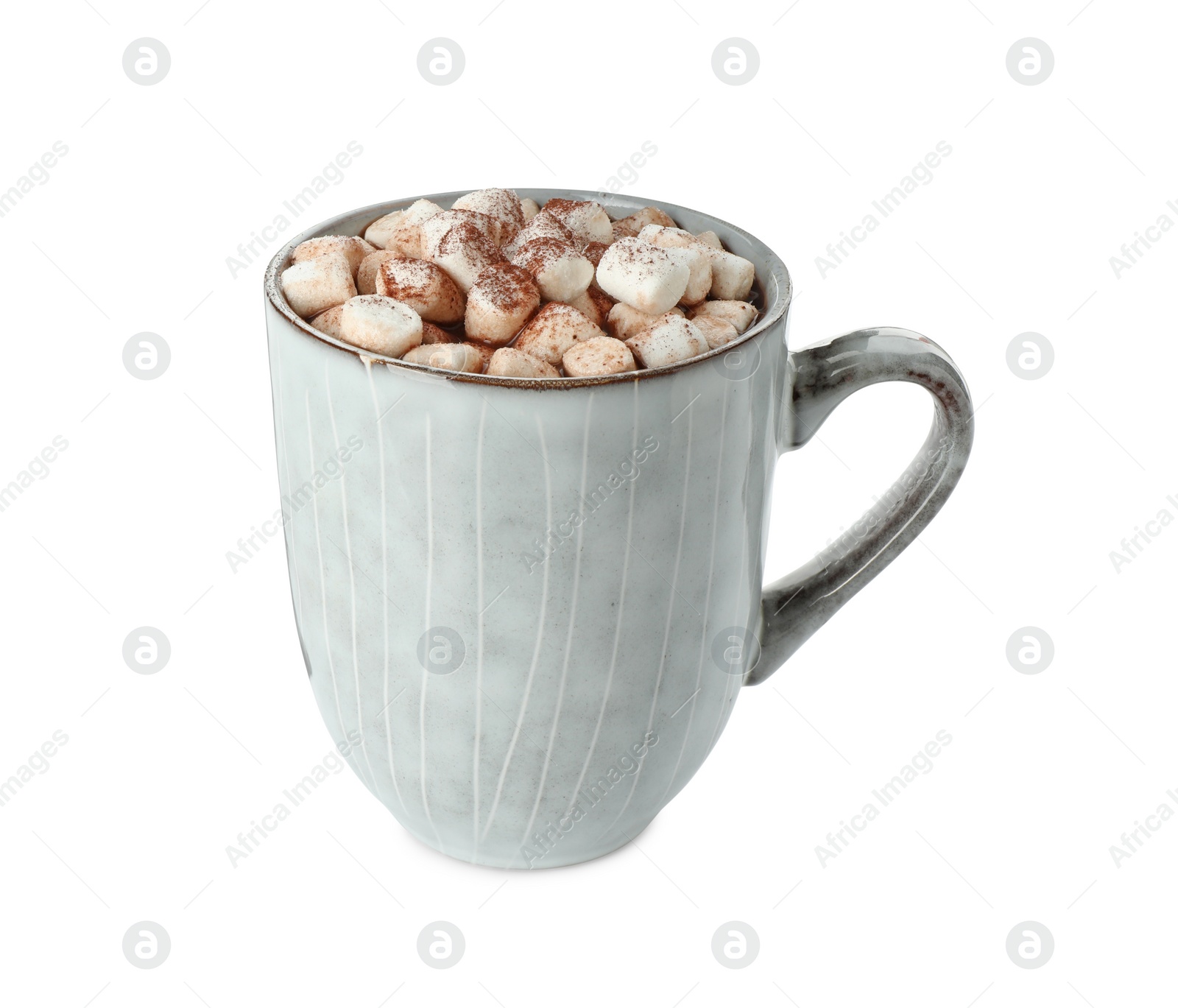 Photo of Delicious hot chocolate with marshmallows and cocoa powder in cup isolated on white