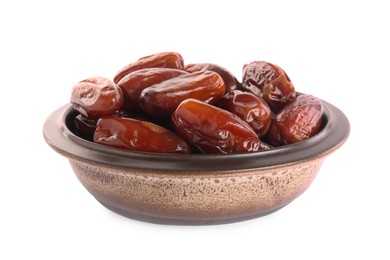 Photo of Sweet dried dates in bowl on white background