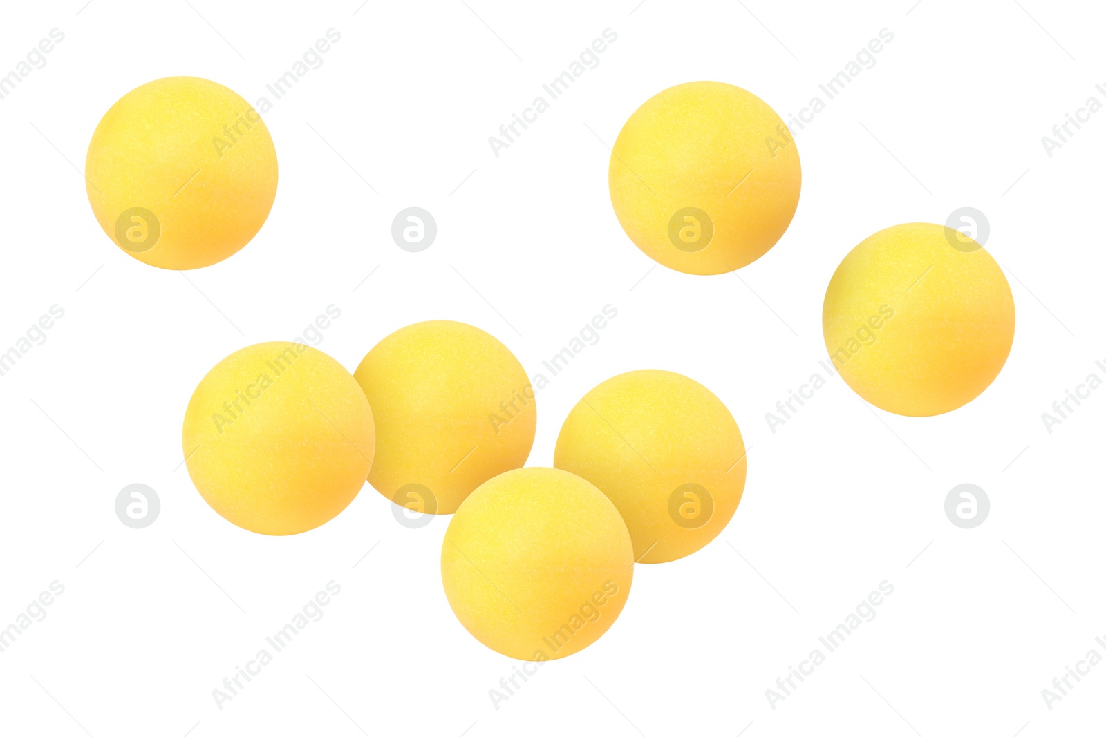 Image of Many table tennis balls flying on white background