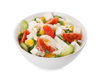 Tasty salad with Chinese cabbage, tomato, cheese, pepper and cucumber in bowl isolated on white