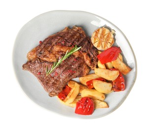 Photo of Plate with delicious grilled beef steak and vegetables isolated on white, top view