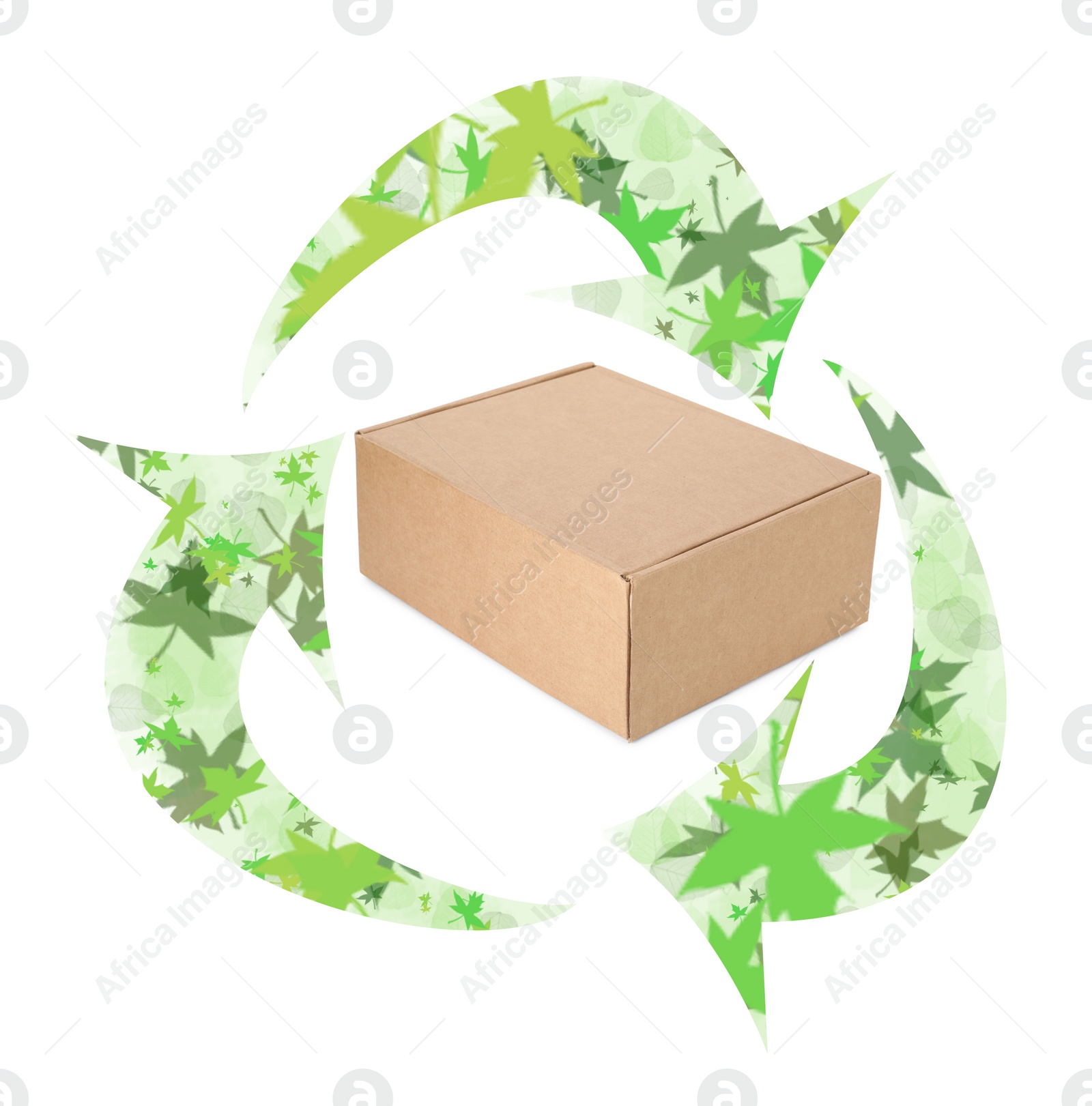 Image of Cardboard box and recycling symbol on white background