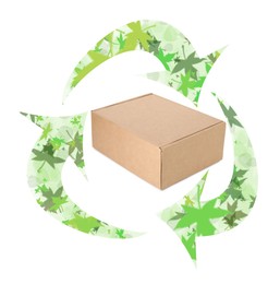 Image of Cardboard box and recycling symbol on white background