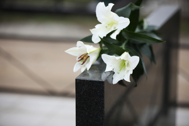 White lilies on black granite tombstone outdoors. Funeral ceremony