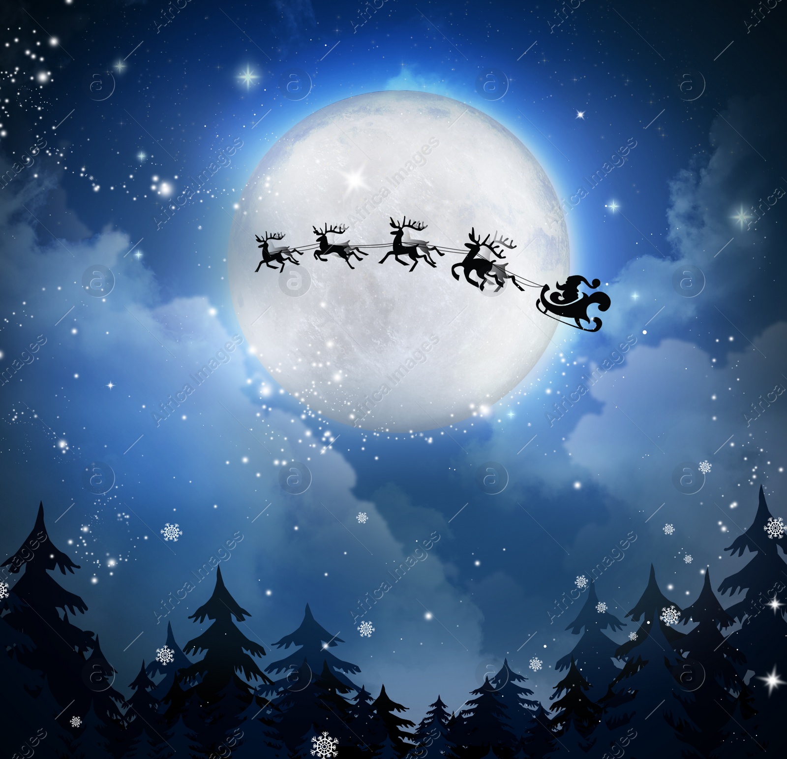 Image of Magic Christmas eve. Santa with reindeers flying in sky on full moon night