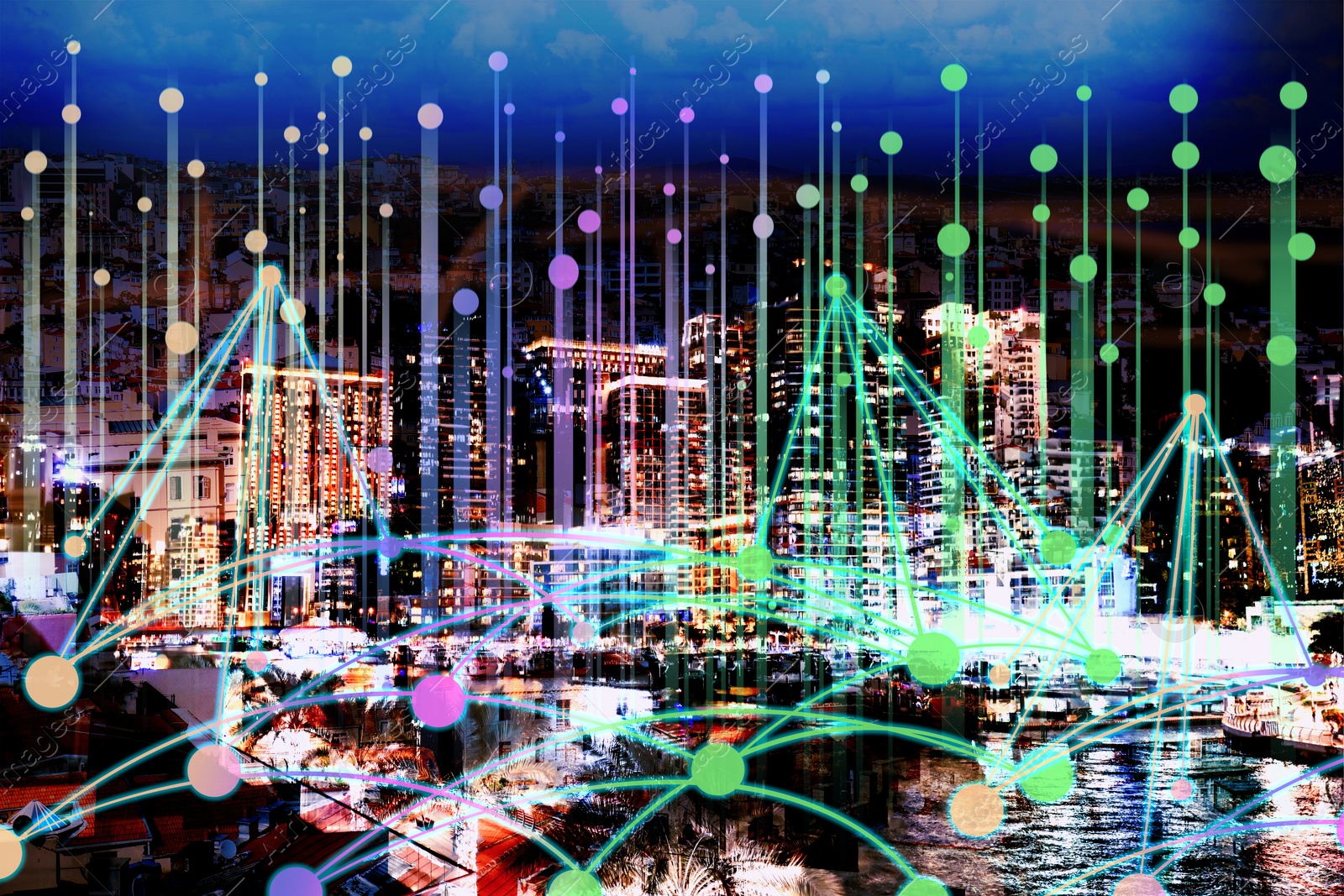 Image of Beautiful cityscape and network connection lines 