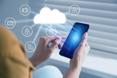 Image of Cloud technology. Woman using modern smartphone, closeup