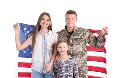 Photo of American soldier with his family on white background. Military service