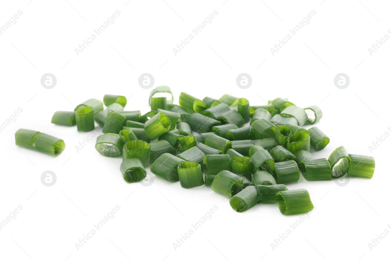 Photo of Chopped fresh green onions on white background