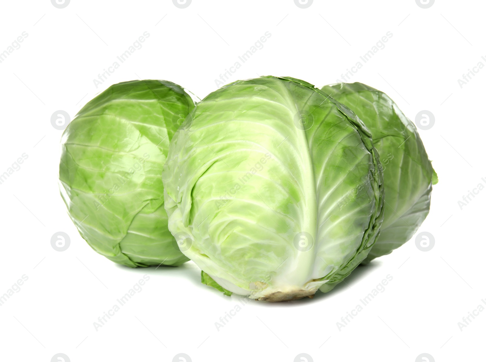 Photo of Whole cabbages on white background. Healthy food