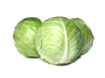 Photo of Whole cabbages on white background. Healthy food