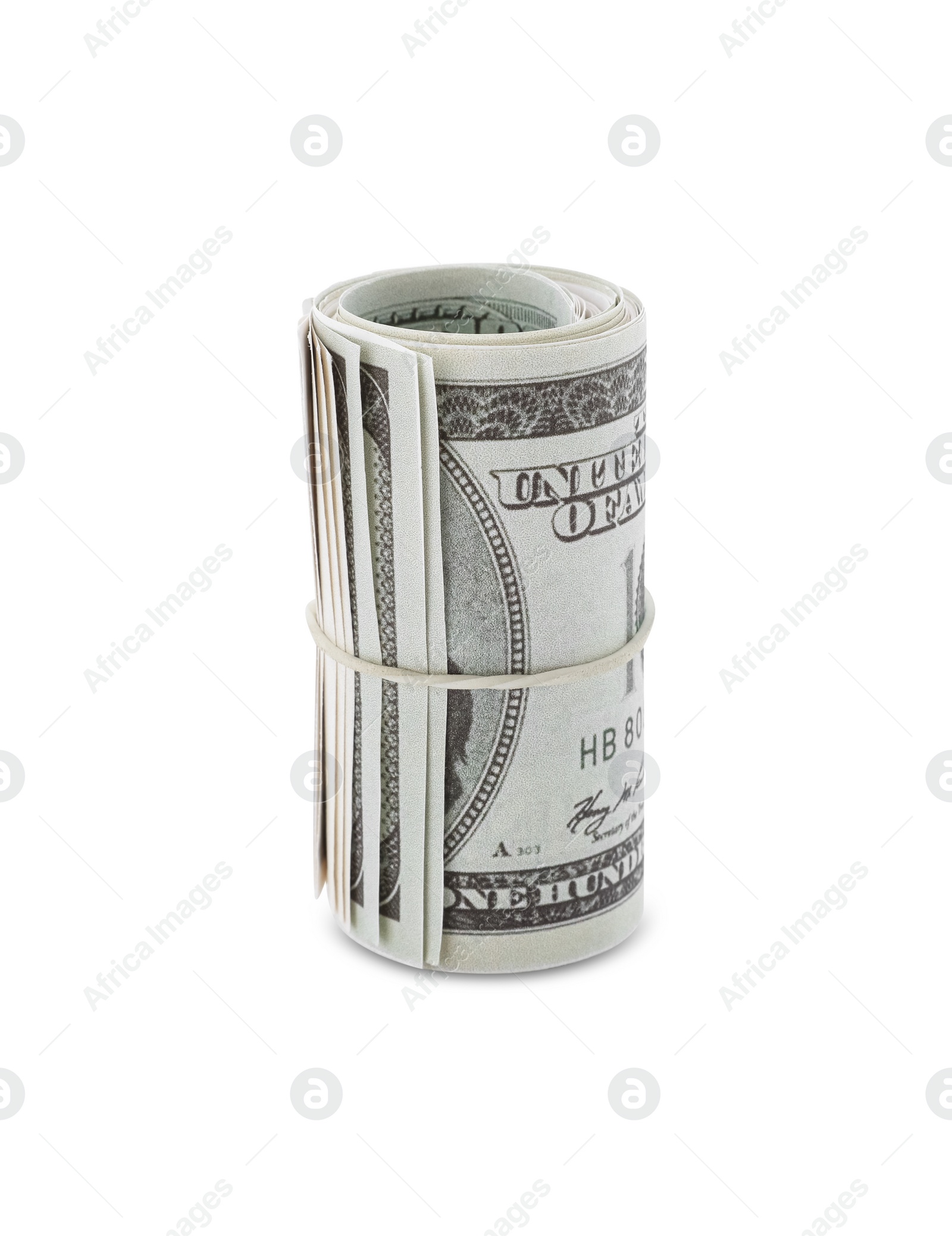 Photo of Rolled dollar banknotes isolated on white. American national currency