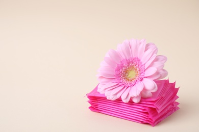 Photo of Menstrual pads and flower on beige background, space for text. Gynecology concept