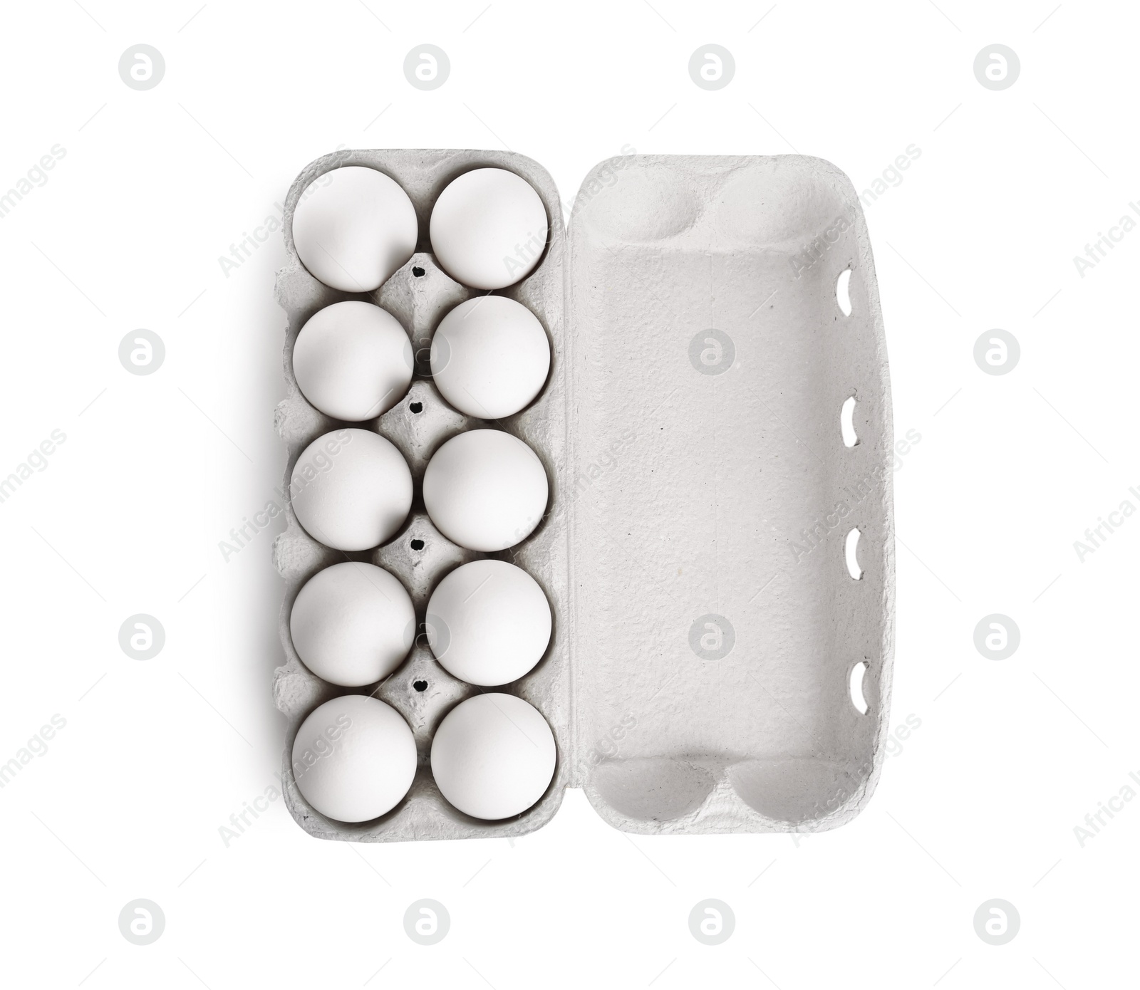 Photo of Box with chicken eggs isolated on white, top view