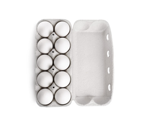 Photo of Box with chicken eggs isolated on white, top view