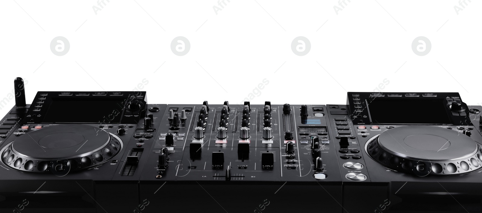 Photo of Modern DJ controller on white background, closeup