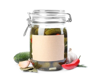 Photo of Jar of pickled cucumbers with blank sticker on white background, space for text