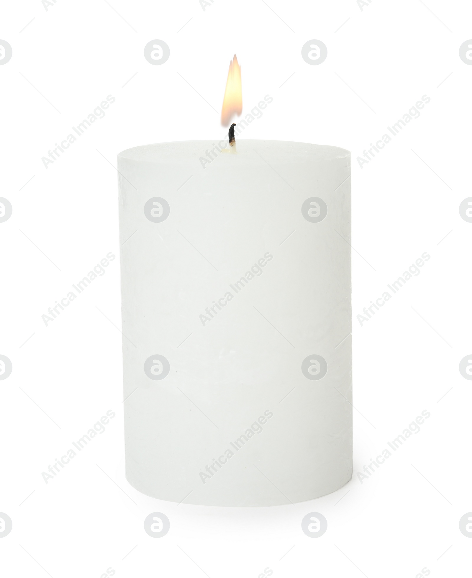 Photo of One alight wax candle on white background