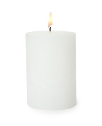 Photo of One alight wax candle on white background