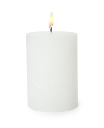 One alight wax candle on white background