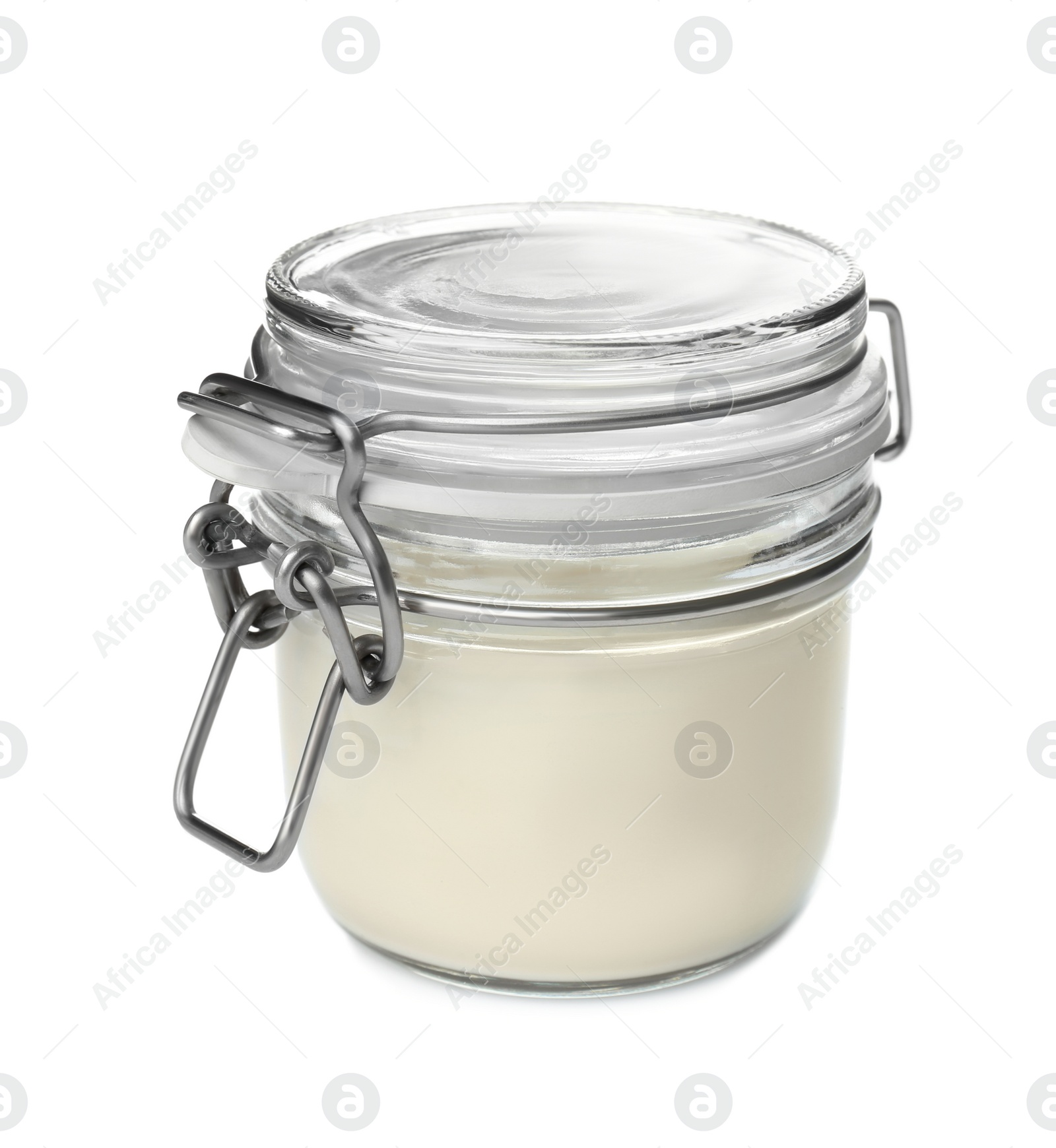 Photo of Jar with yummy yogurt on white background