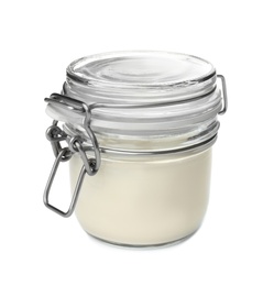 Photo of Jar with yummy yogurt on white background