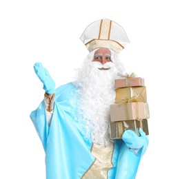 Portrait of Saint Nicholas with presents on white background