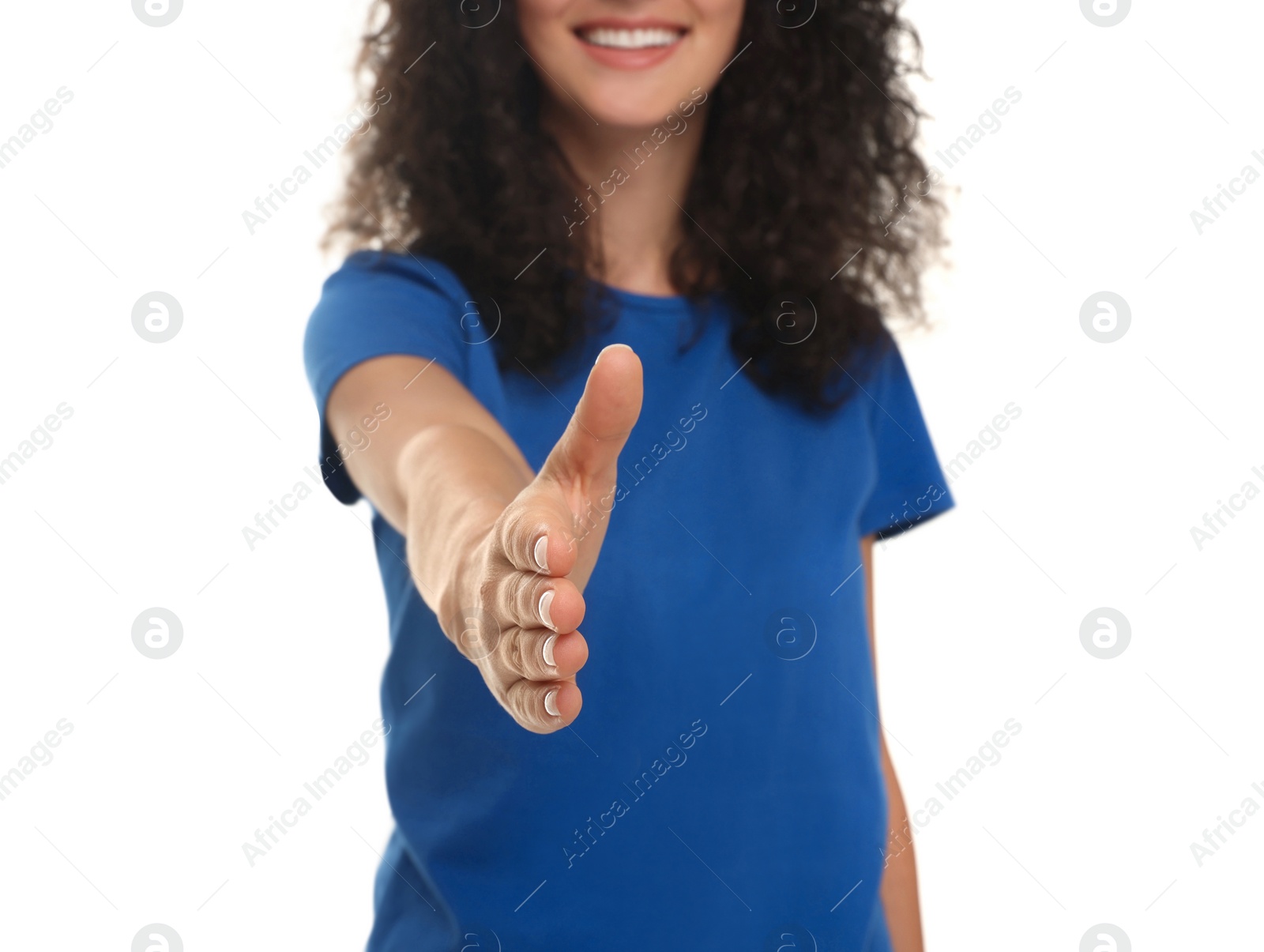 Photo of Woman welcoming and offering handshake isolated on white, closeup