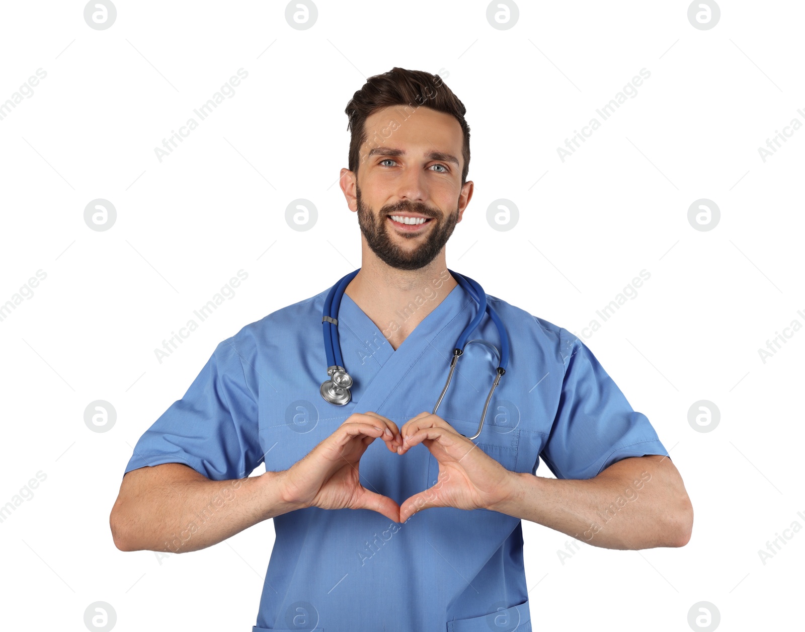 Photo of Doctor making heart with hands on white background