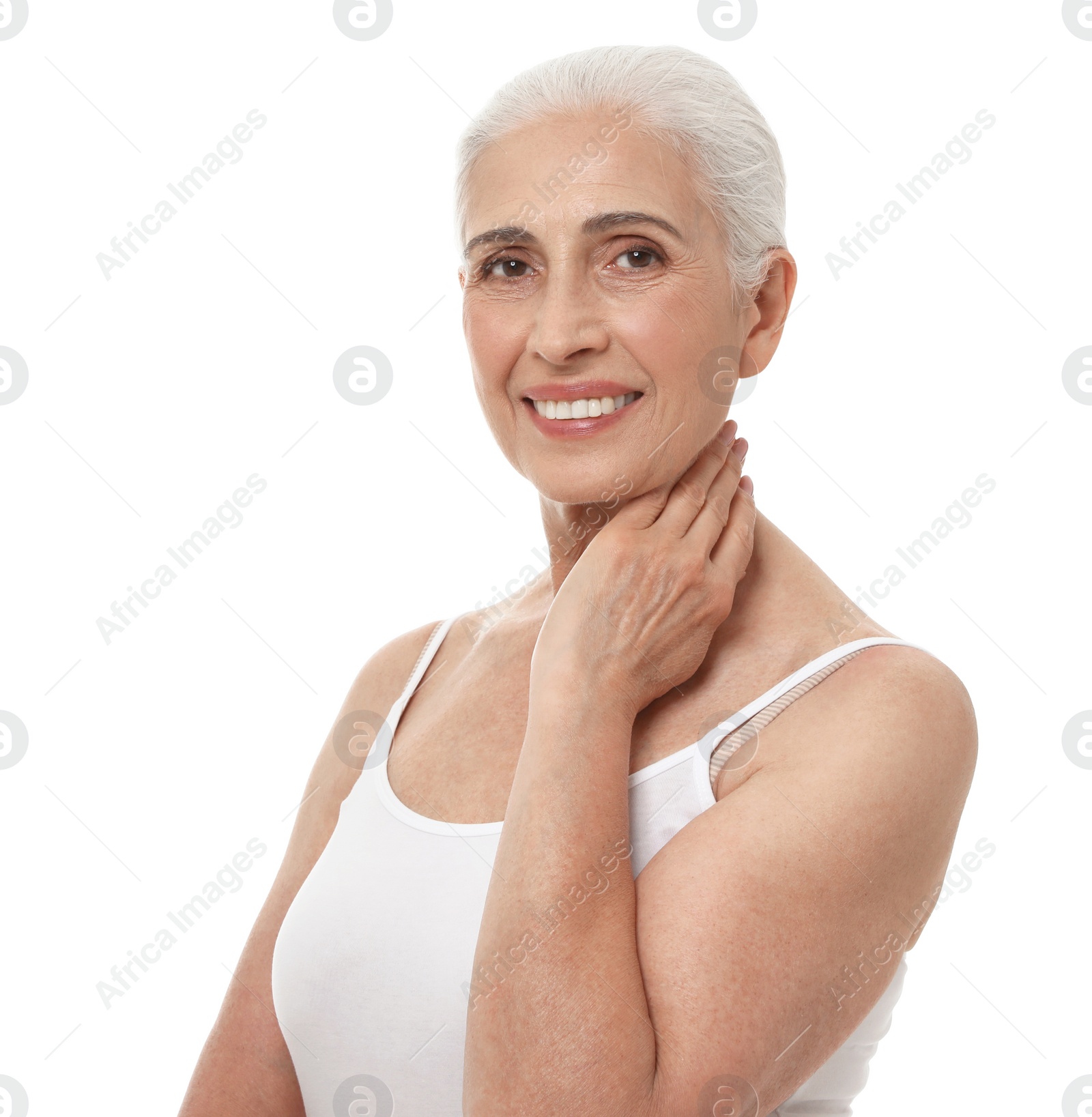 Photo of Portrait of beautiful mature woman on white background