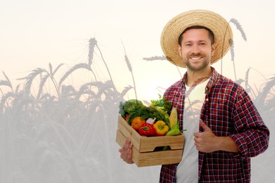 Image of Double exposure of happy farmer and wheat field. Space for text