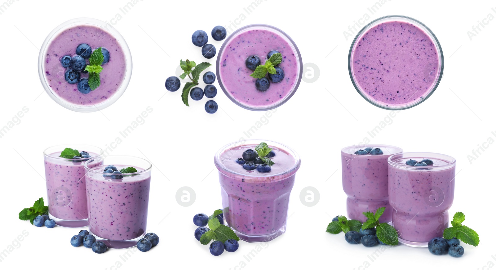 Image of Set with glasses of blueberry smoothie, fresh berries and mint on white background