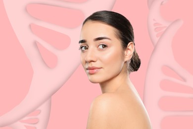 Beautiful young woman against pink background with illustration of DNA chains