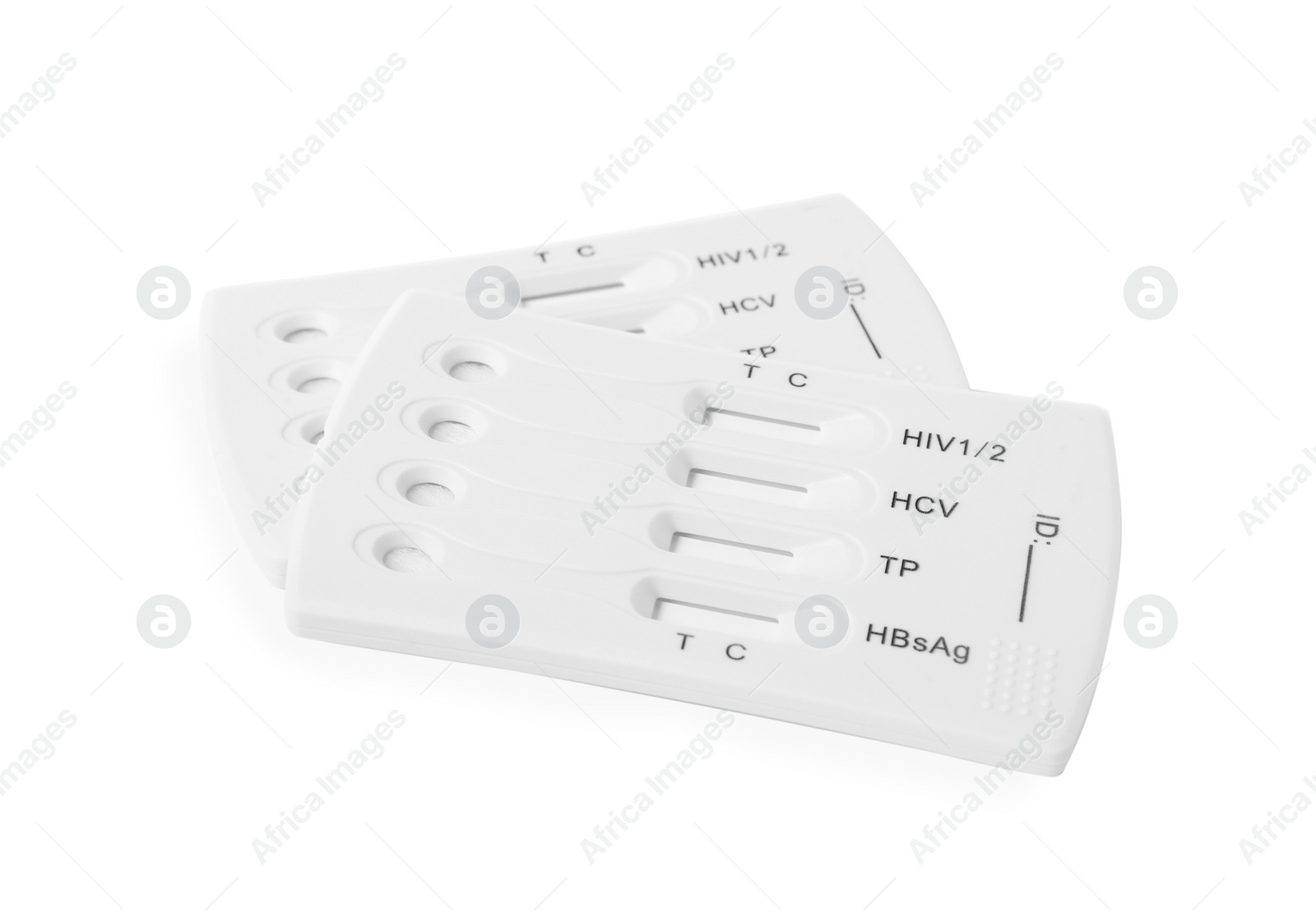 Photo of Two disposable express tests for hepatitis on white background